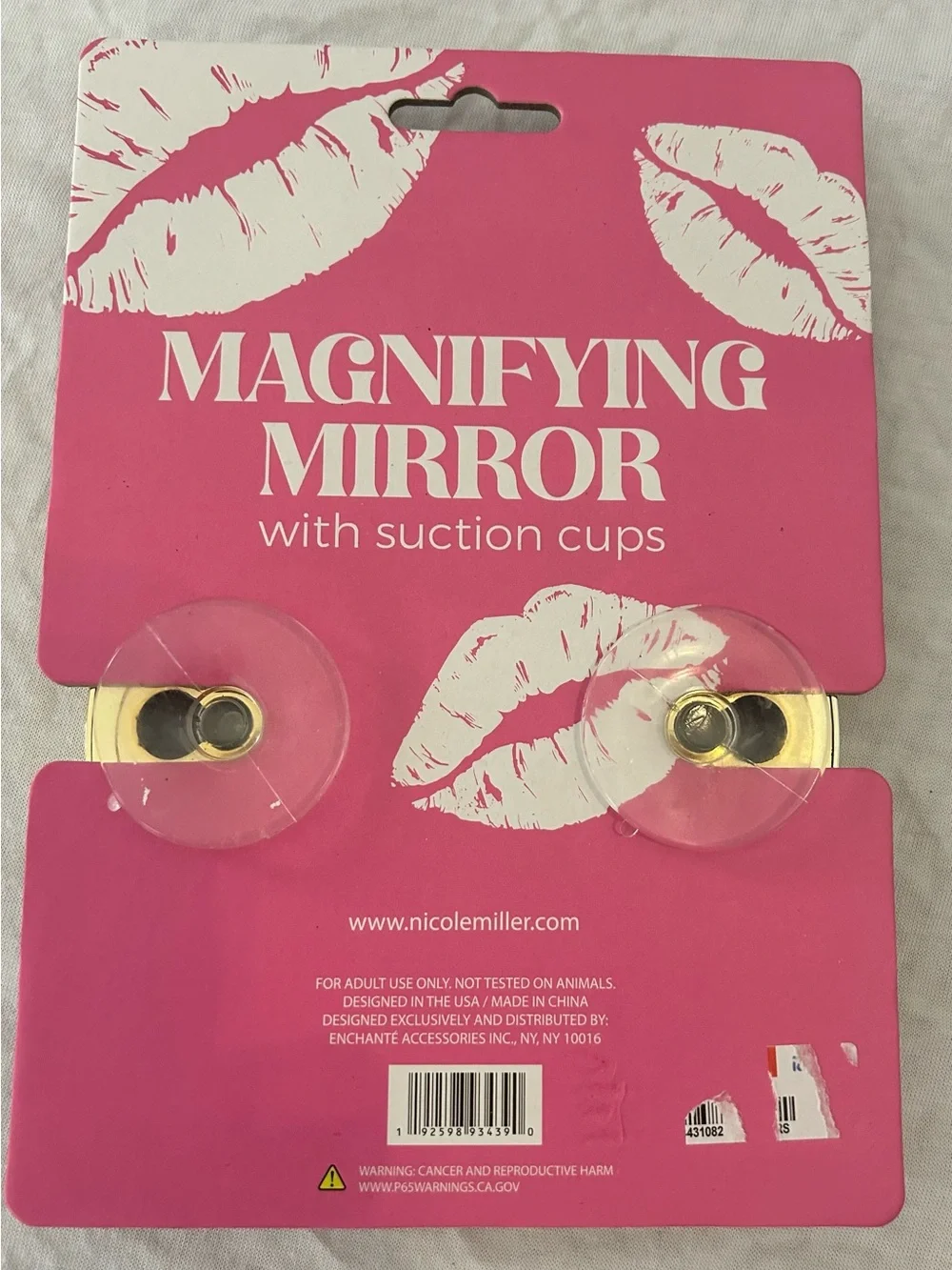 Nicole Miller Gold-Trim Magnifying Mirror with Hot Pink Lip Motif
